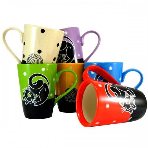 HOME ELEMENTS Keramický hrnček 400 ml, Mačka žltý