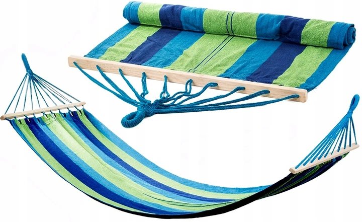 Verk Hamaka houpací síť dřevo 200 x 80 cm modré pruhy