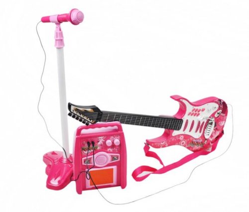 ISO Detská rocková elektrická gitara na batérie + zosilňovač a mikrofón ružová - bazár
