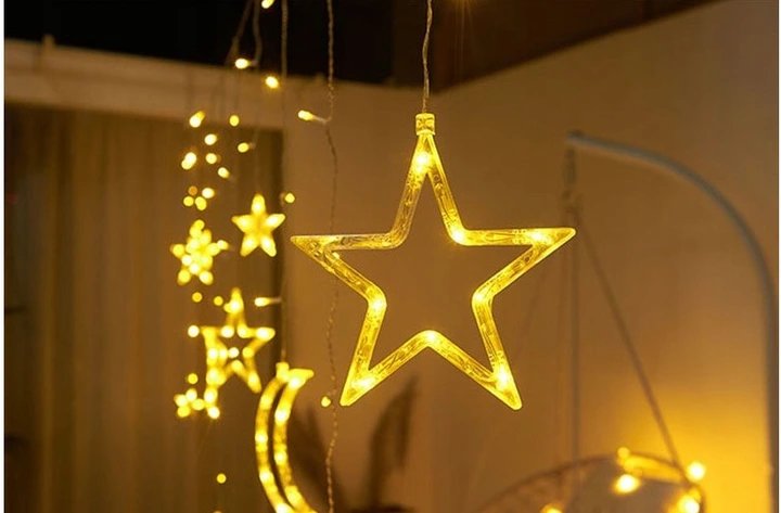 ISO 11329 Světelný závěs hvězdy, měsíc 138 LED teplá bílá