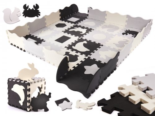 KIK Kontrastní pěnové puzzle 30 x 30 cm, 36 ks černo, šedo, krémové