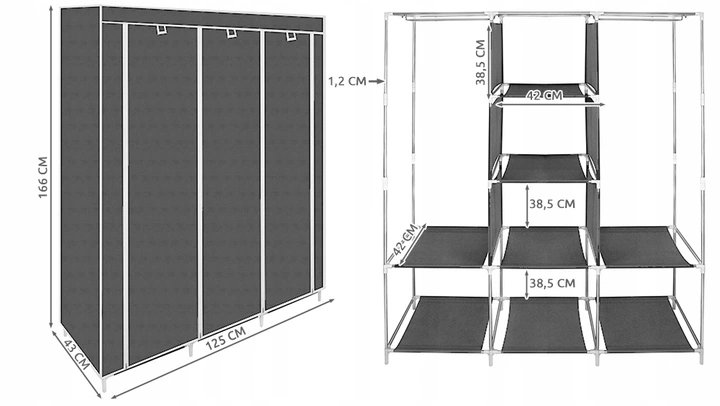 ISO 9983 Dvojitá skříň na oblečení 166 cm × 125 cm × 43 cm šedá
