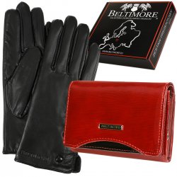 Beltimore K26 Dámská kožená sada peněženka červená s rukavicemi 