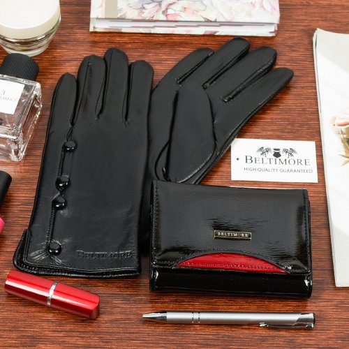 Beltimore K26 Dámská kožená sada peněženka s rukavicemi černá 