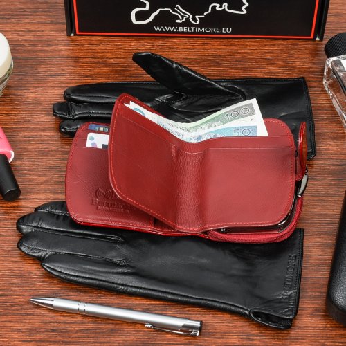Beltimore K25 Dámska kožená sada peňaženka červená s rukavicami vel.L