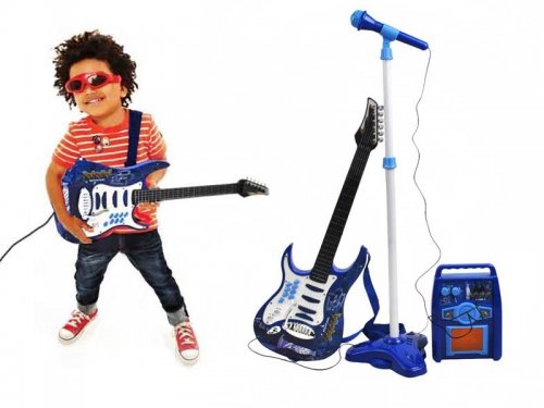 Detská rocková elektrická gitara na batérie + zosilňovač a mikrofón Blue