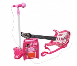 ISO Dětská rocková elektrická kytara na baterie + zesilovač a mikrofon růžová