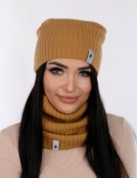 LEMA 1014 Dámský zimní set čepice a nákrčník camel