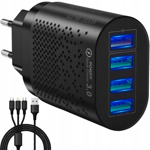 Izoxis 19908 Rýchlonabíjačka 4x USB 3.0 Quick Charge + kábel MicroUSB, Lighting, USB-TYP C čierna