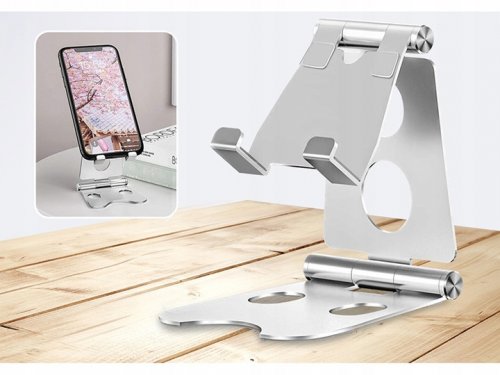 Verk 04109 Stolný kovový držiak na mobil, tablet skladací strieborný