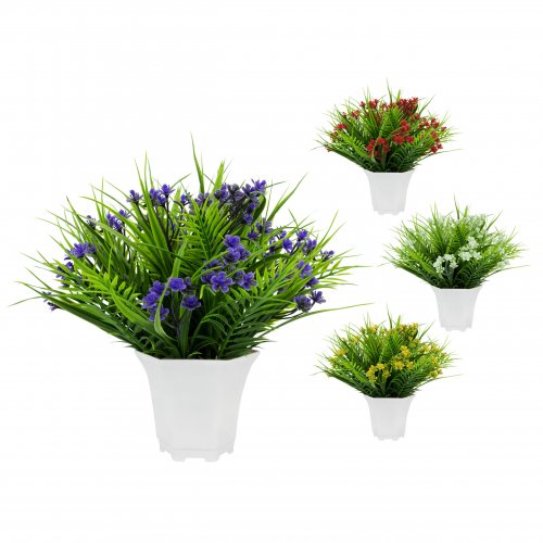 Vergionic 7041 Umělá tráva v květináči s květinami, 28 cm