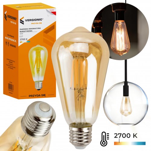 Vergionic 7549 Dekoratívna LED žiarovka 6W, E27, 2700K, teplá jantárová
