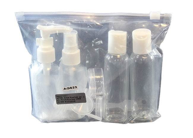 APT AG623 Súprava plastových fľaštičiek a dóz na kozmetiku, 9 dielov