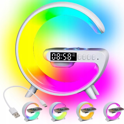 GGV 5093 Multifunkčná RGB Múdra LED nočná lampa s 15W QI nabíjačkou a Bluetooth reproduktorom