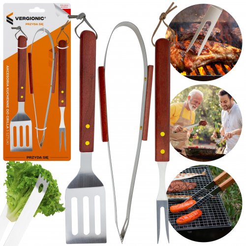 Vergionic 7828 Grilovací nářadí sada 3 ks BBQ dřevo, nerez 