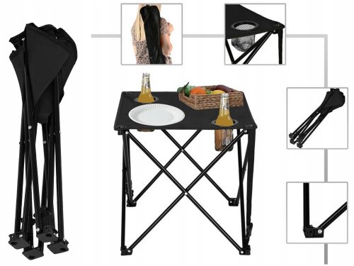 Verk 14471 Stôl kempingový skladací s držiakmi na nápoje čierny