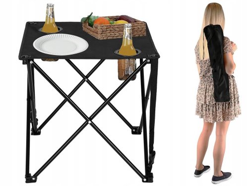 Verk 14471 Stôl kempingový skladací s držiakmi na nápoje čierny