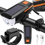 Verk 14491 USB LED svetlo na bicykel s klaksónom a solárnym nabíjaním, modré