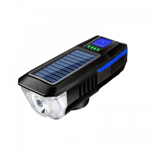 Verk 14491 USB LED svetlo na bicykel s klaksónom a solárnym nabíjaním, modré