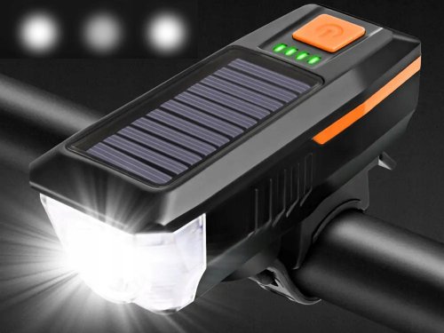 Verk 14491 USB LED svetlo na bicykel s klaksónom a solárnym nabíjaním, modré