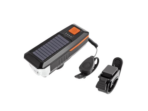 Verk 14491 USB LED svetlo na bicykel s klaksónom a solárnym nabíjaním, modré