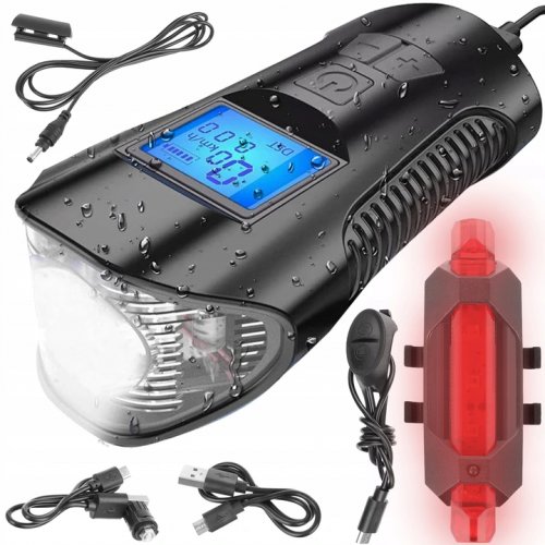 Trizand 23680 Voděodolné LED světlo na kolo USB, tachometr, el.zvonek 150db