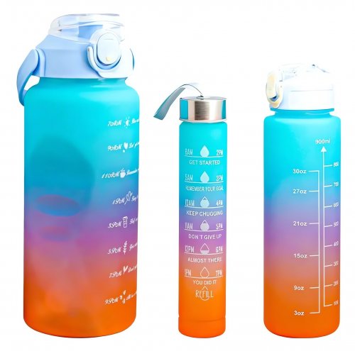 GGV Motivační lahve na vodu 3 ks, 2000 ml, 900 ml, 300 ml modrooranžovorůžová