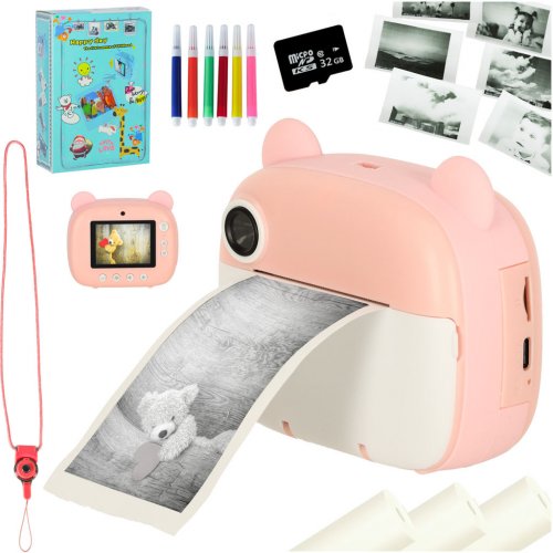 KIK KX3573_1 Dětský instatntní fotoaparát s termotiskárnou, 32 GB, medvěd, růžová