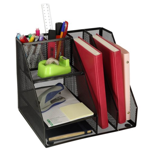 KIK KX3646 Drátěný organizér na katalogy a časopisy, 6 komor, černý