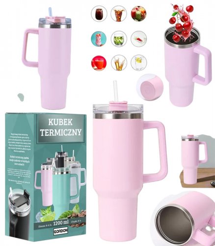 Gordon G870 Termohrnček s uchom a slamkou, nerez, 1200 ml, ružová