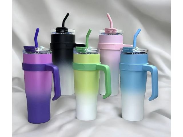 Pronett XJ5556 Termohrnek s uchem a brčkem, nerez, 1200 ml, ombre modrý