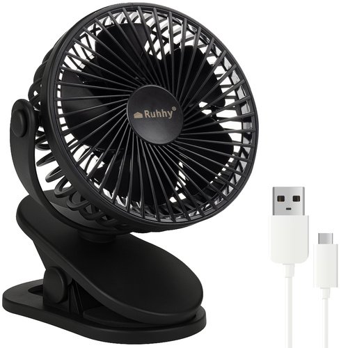 Ruhhy 25567 Ventilátor s klipem USB, 1200 mAh, USB-C, černý