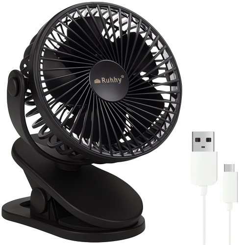Ruhhy 25567 Ventilátor s klipem USB, 1200 mAh, USB-C, černý