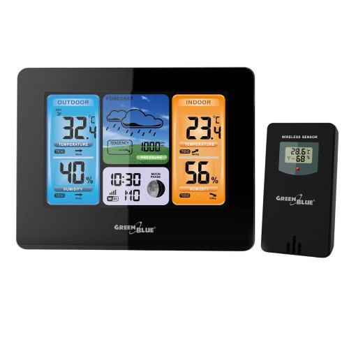 Maclean URZ3466 Bezdrátová WiFi meteorologická stanice GreenBlue GB522 DCF s barevným displejem a fázemi měsíce