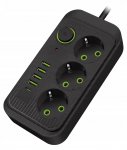 Verk 12381 Prodlužovací kabel s vypínačem 3 zásuvky, 4x USB, 1x UCB-C, 2 m, černý