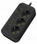 Verk 12381 Prodlužovací kabel s vypínačem 3 zásuvky, 4x USB, 1x UCB-C, 2 m, černý