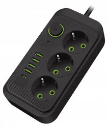Verk 12381 Predlžovací kábel s prepínačom 3 zásuvky, 4x USB, 1x UCB-C, 2 m, čierny