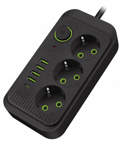 Verk 12381 Prodlužovací kabel s vypínačem 3 zásuvky, 4x USB, 1x UCB-C, 2 m, černý