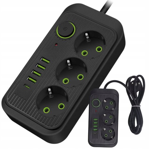 Verk 12381 Prodlužovací kabel s vypínačem 3 zásuvky, 4x USB, 1x UCB-C, 2 m, černý