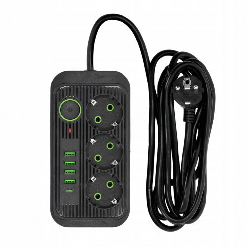 Verk 12381 Prodlužovací kabel s vypínačem 3 zásuvky, 4x USB, 1x UCB-C, 2 m, černý
