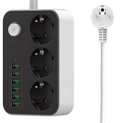 Verk 12382 Predlžovací kábel s prepínačom 3 zásuvky, 6x USB, 1x UCB-C, 2 m, čiernobiely