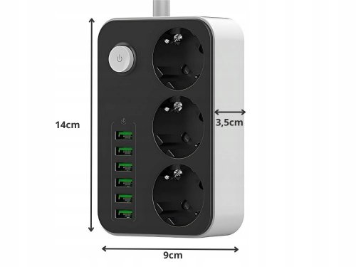 Verk 12382 Prodlužovací kabel s vypínačem 3 zásuvky, 6x USB, 1x UCB-C, 2 m, černobílý