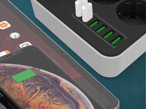 Verk 12382 Prodlužovací kabel s vypínačem 3 zásuvky, 6x USB, 1x UCB-C, 2 m, černobílý