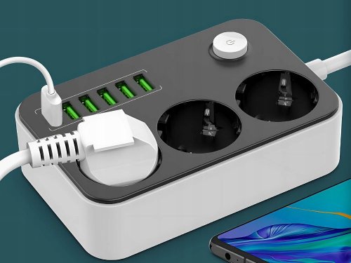 Verk 12382 Prodlužovací kabel s vypínačem 3 zásuvky, 6x USB, 1x UCB-C, 2 m, černobílý