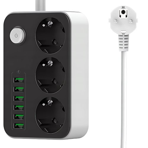 Verk 12382 Prodlužovací kabel s vypínačem 3 zásuvky, 6x USB, 1x UCB-C, 2 m, černobílý