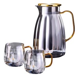 eCa DZ07 Sklenený džbán 1600 ml s vlnitými stenami a vekom + 2 poháre 350 ml