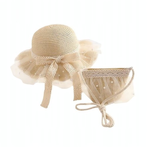 eCa CZ46 Dětský slaměný klobouk a kabelka s perlemi, 52 cm