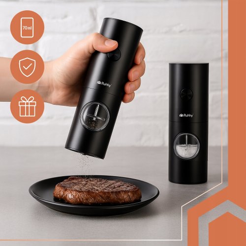 Ruhhy 25558 Sada elektrických mlýnků na sůl pepř 2 ks, černá