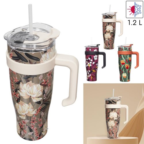 CMP KA0589 Termohrnček s uchom a slamkou 1,2 l - Kvetinový dizajn, zelený