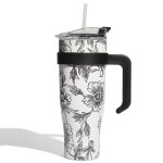 CMP KA0588 Termohrnček s držadlom a slamkou 1,2 l, béžový s kvetinovým vzorom